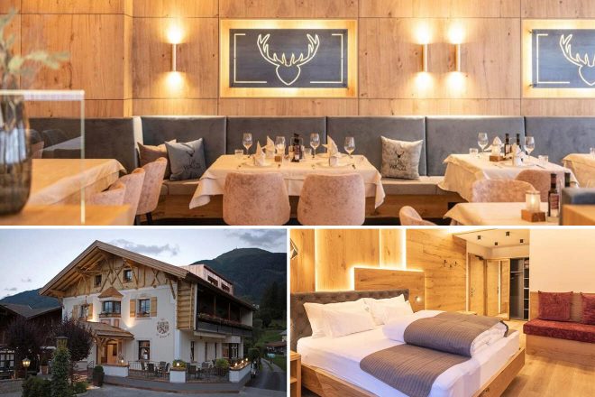 A collage of three hotel photos to stay in Innsbruck: a dining area with wooden elements and soft lighting, a charming hotel exterior with unique architecture and decorative balconies, and a cozy bedroom with wood accents and comfortable bedding.